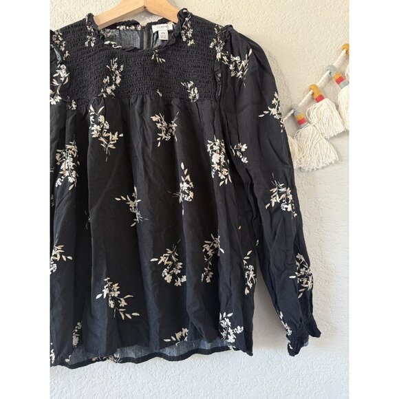 J. Crew Black Floral Smocked Long Sleeve Top Boho Feminine Relaxed Peasant XS - Picture 6 of 9